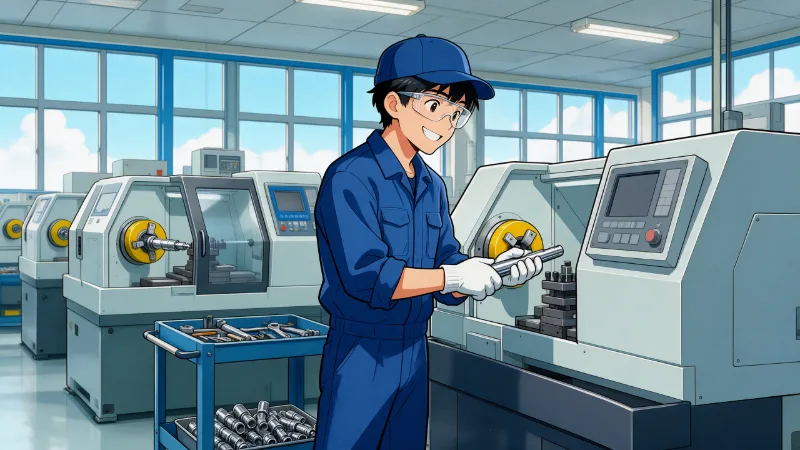 若手社員が複数のNC旋盤を1人で担当するイラスト