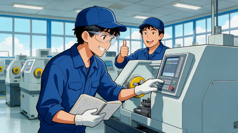 若手社員がNC旋盤のプログラムを編集し先輩が見守るイラスト